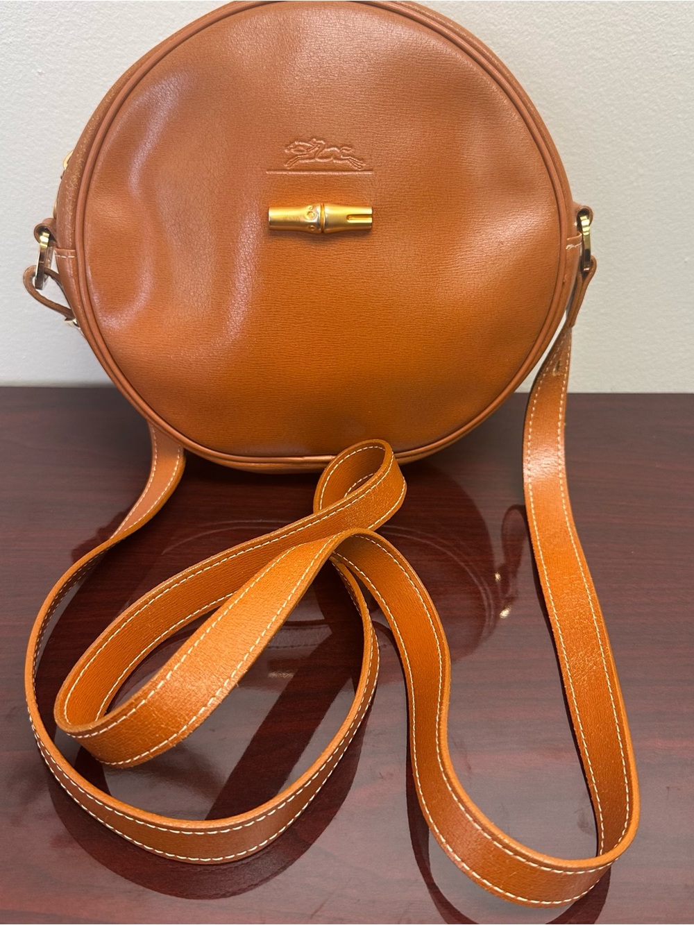 Longchamp Round Leather Crossbody Bag in Cognac Brown